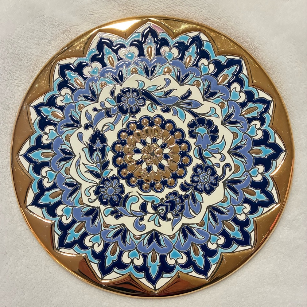 Hand Painted Made in Spain Gold and Blue Floral Decorative Plate 🇪🇸